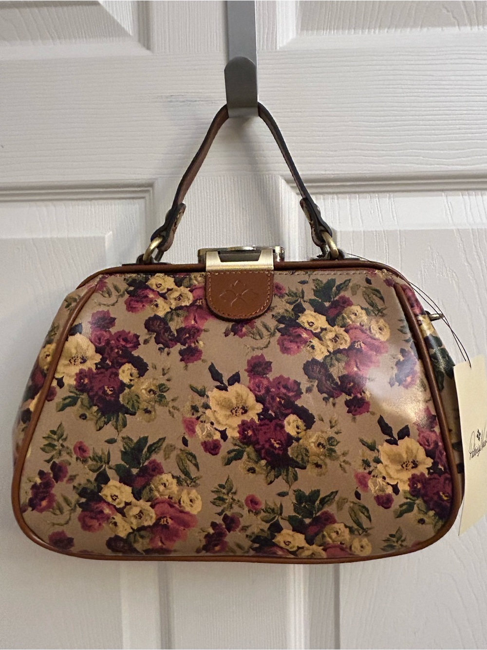 Patricia Nash Leather Floral Frame-Top Satchel with Purple & Yellow Blooms